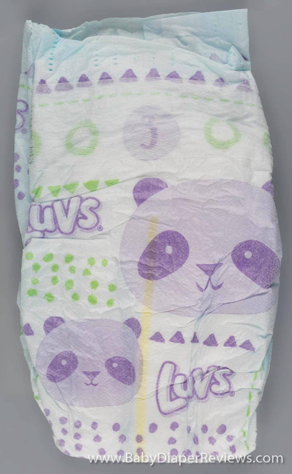 Front folded view of Luvs diaper with purple panda design detail