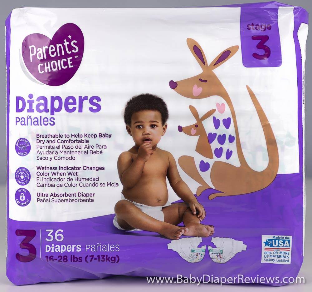 Close up view of Parents Choice size three diapers